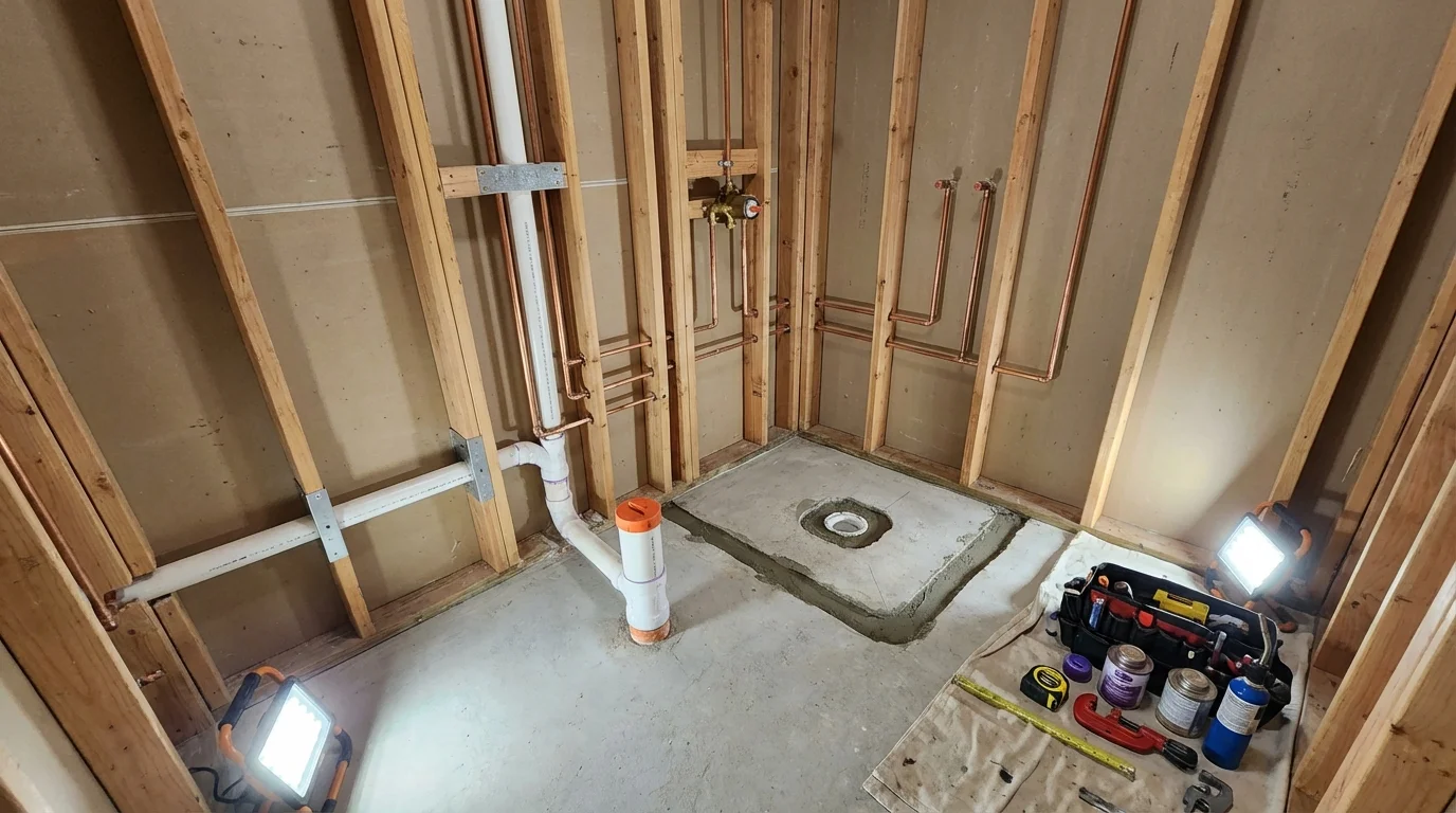 Bathroom rough-in plumbing during remodel by Johns Plumbing LLC in Lakeview