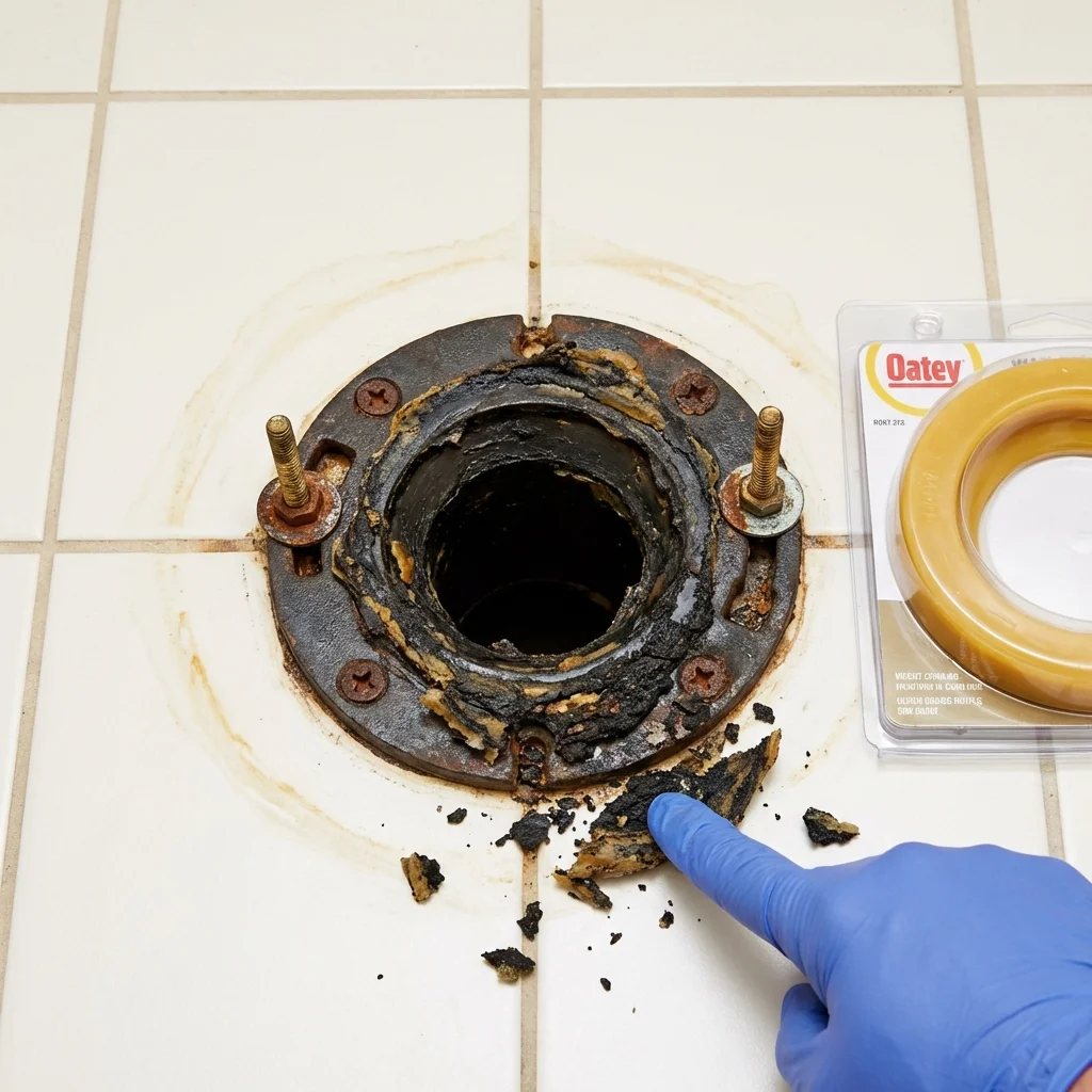 Failed wax ring showing water seepage at the base of a toilet in a Lakeview, OH home