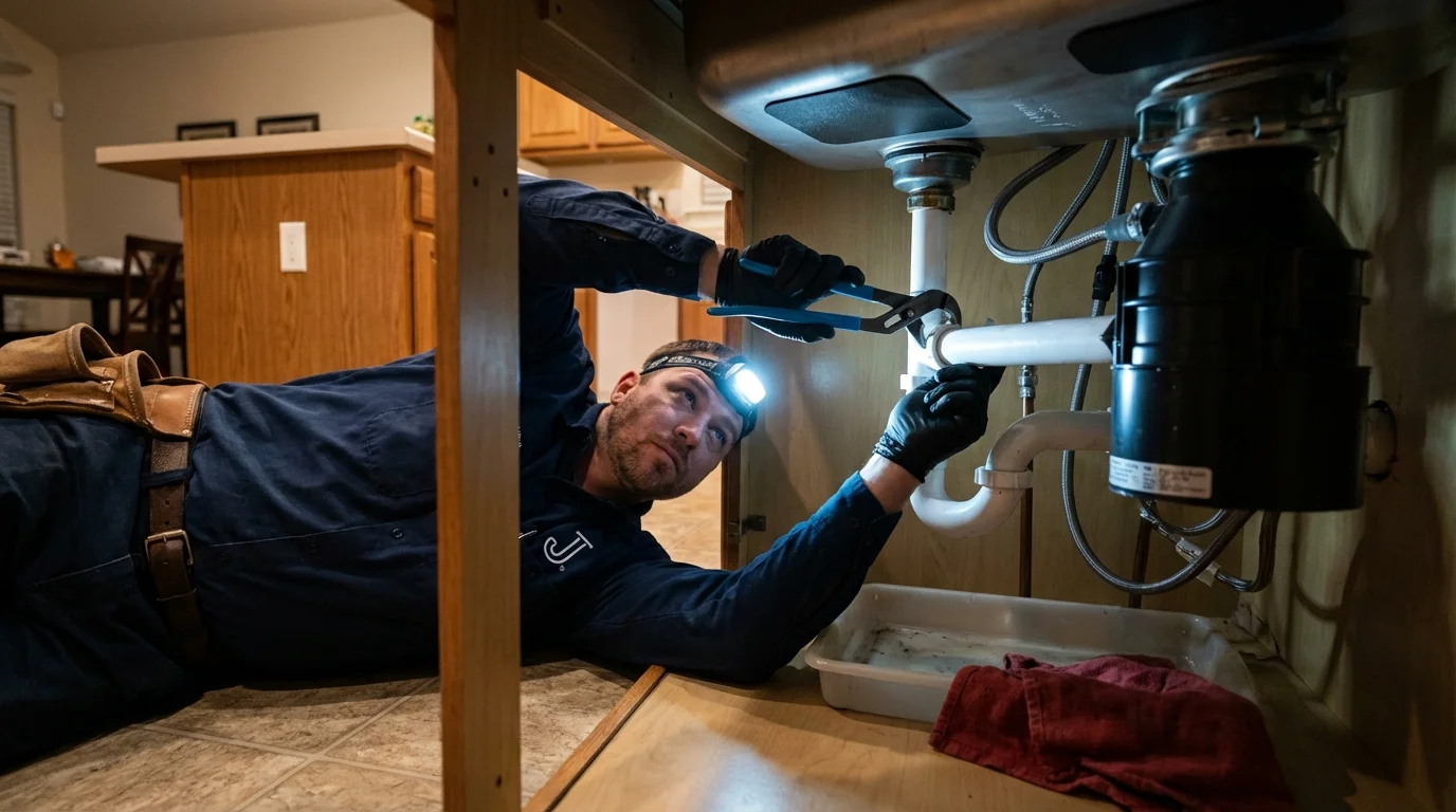 P-trap and supply line connections under a kitchen sink showing a common leak point in Lakeview, OH